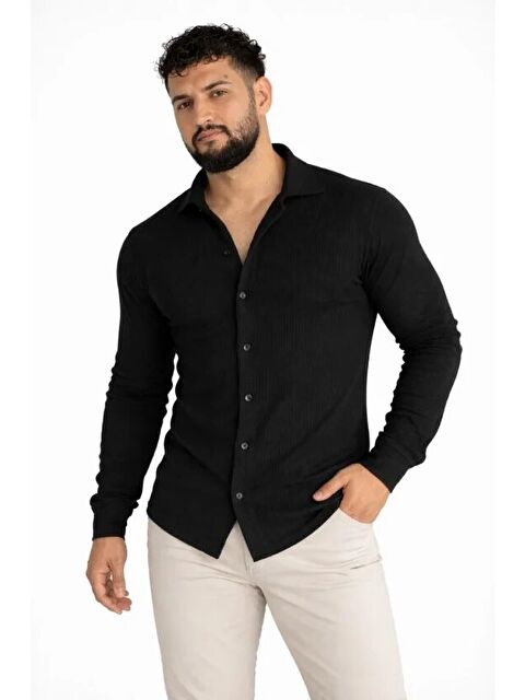 Jane's Erkek Waffle Kumaş Uzun Kollu Düğmeli Açık Yaka Regular Fit Gömlek