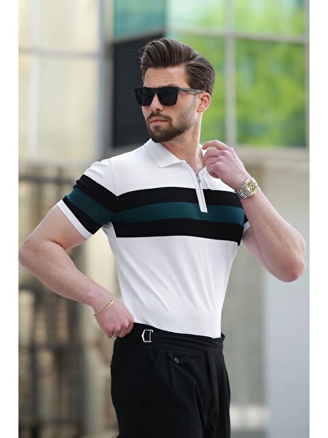 Madmext Beyaz Fermuarlı Polo Yaka Çizgili Erkek Tişört E7406 - S000370792-20063