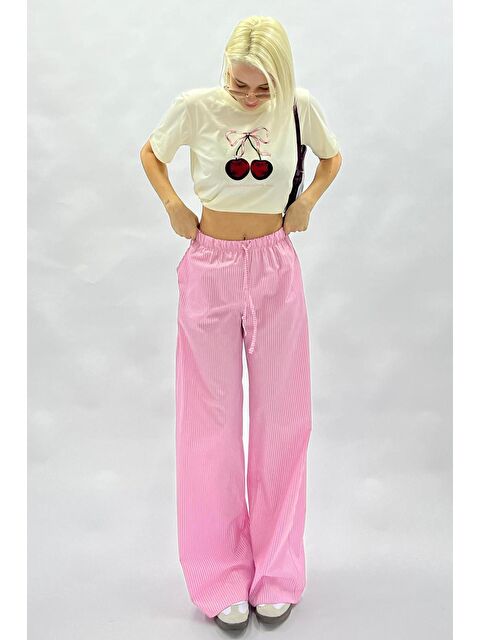 Madmext Fuşya Beli Ayarlanabilir Bol Paça Dökümlü Çizgili Pantolon Mg2087 - S000212545-18686