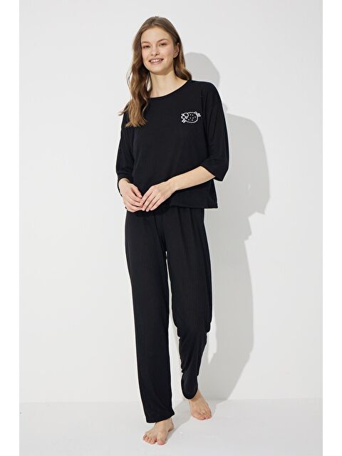 Siyah İnci Siyah Soft Touch İnce Örme Nakışlı Pijama Takım - S000215750-19351