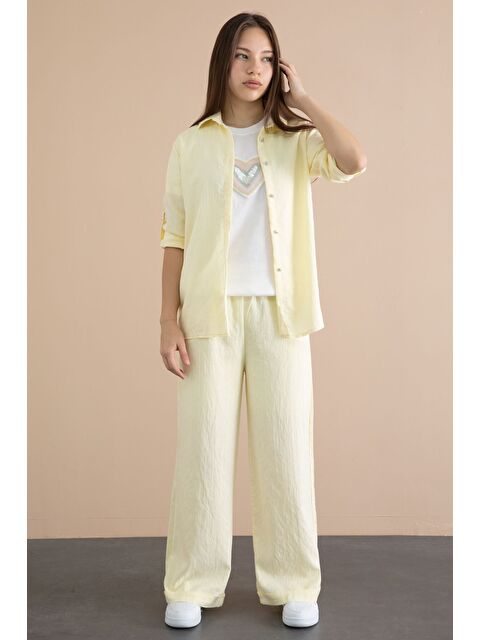 Cansın Mini Sarı Çizgi Desen Gömlekli Geniş Paça Pantolonlu Badili Kız Çocuk 3lü Takım 24080
