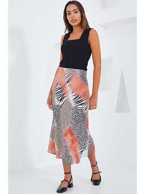 Bigdart Kadın Somon Siyah Desenli Saten Etek 15806 - S000089537-24085