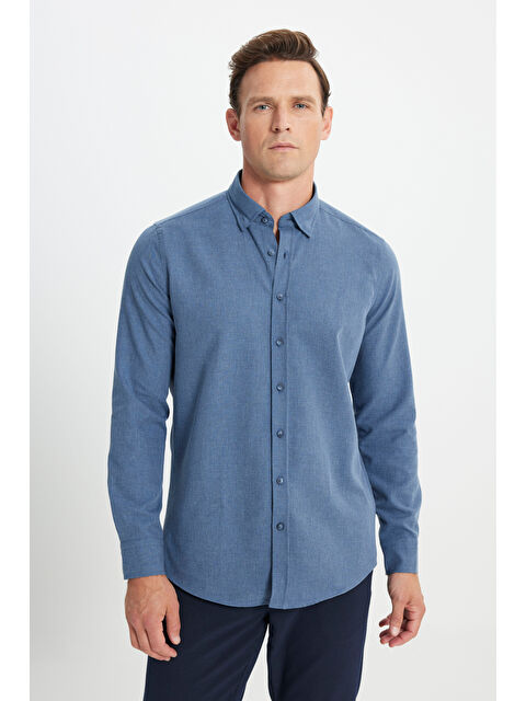 AC&Co / Altınyıldız Classics Erkek Lacivert Slim Fit Dar Kesim Düğmeli Yaka Flanel Oduncu Kışlık Gömlek - S000394557-21164