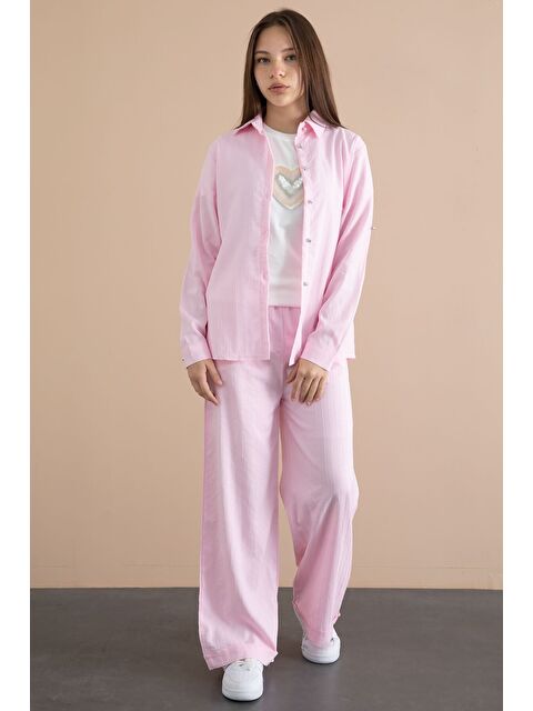 Cansın Mini Pembe Çizgi Desen Gömlekli Geniş Paça Pantolonlu Badili Kız Çocuk 3lü Takım 24078