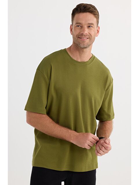 TUDORS Unisex Oversize Geniş Kesim %100 Pamuk Yumuşak Dokulu Basic Bisiklet Yaka Haki Tişört - S000519450-18547