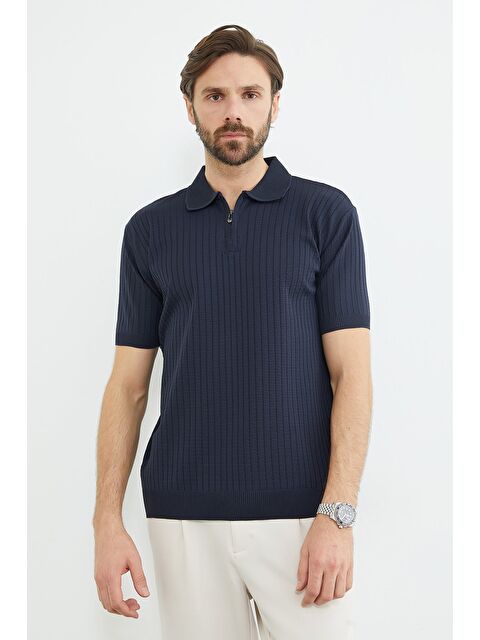 Fullamoda Fitilli Polo Yaka Yarım Fermuarlı Triko Tişört