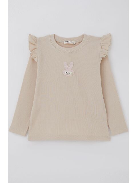 Breeze Kız Çocuk Uzun Kollu Tişört Tavşan Aplike Armalı Çiçekli Bej (2-6 Yaş) - S000526864-19928