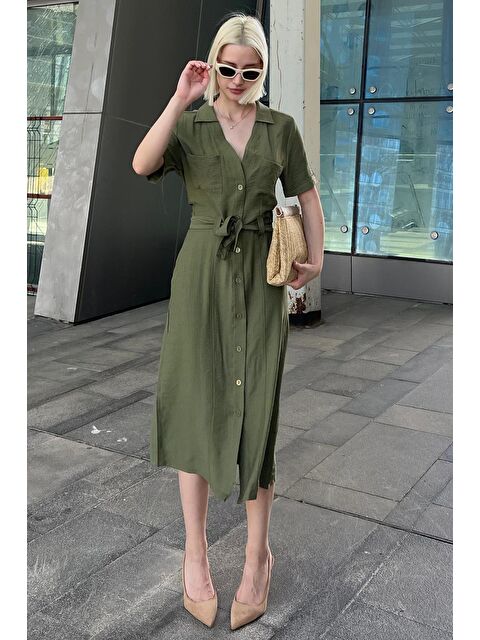 Madmext Yeşil Gömlek Yaka Cep Detaylı Düğmeli Uzun Elbise Mg2083 - S000236601-18194