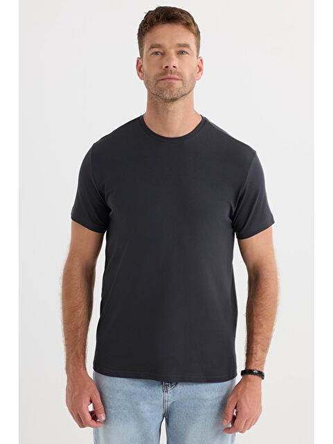 TUDORS Erkek Slim Fit Dar Kesim Pamuklu Yumuşak Doku Elastanlı Esnek Kumaş Basic Gri Bisiklet Yaka Tişört - S000519459-20600