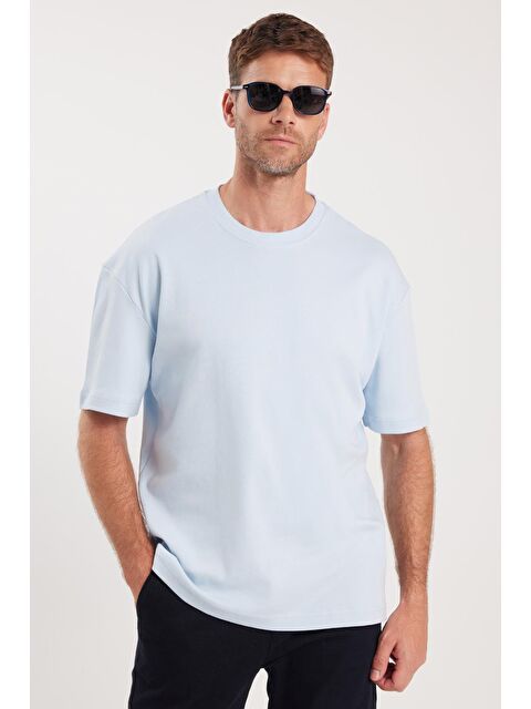 TUDORS Unisex Oversize Geniş Kesim %100 Pamuk Yumuşak Dokulu Basic Bisiklet Yaka Mavi Tişört - S000519458-17234