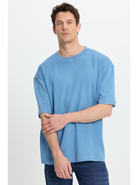 TUDORS Unisex Oversize Geniş Kesim %100 Pamuk Yumuşak Dokulu Basic Bisiklet Yaka İndigo Tişört - S000519460-23093