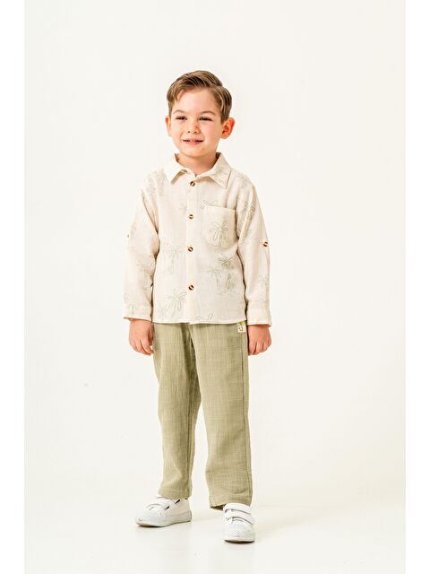Magu Erkek Çocuk Ekru Palmiye Desenli Gömlek Ve Haki Keten Pantolon Takımı - S000383280-18194