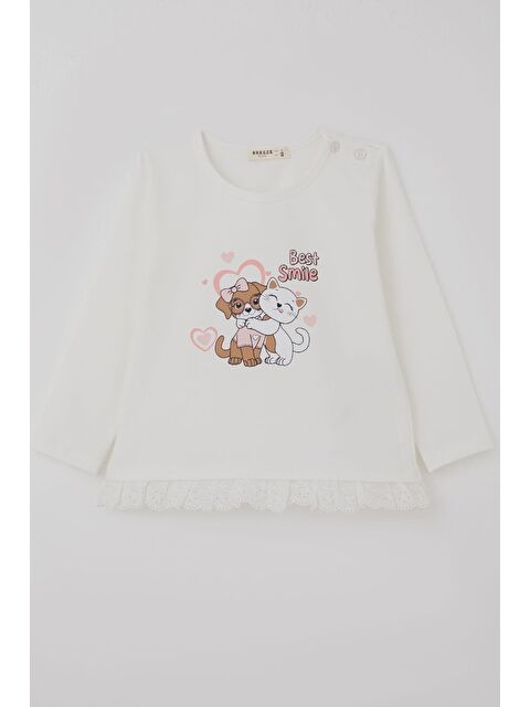 Breeze Kız Çocuk Uzun Kollu Tişört Sevimli Dostlar Güpürlü Ekru (1-4 Yaş) - S000526865-19965