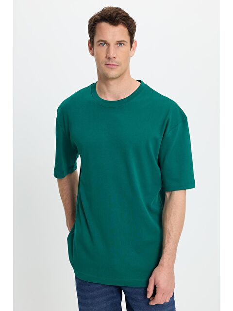 TUDORS Unisex Oversize Geniş Kesim %100 Pamuk Yumuşak Dokulu Basic Bisiklet Yaka Yeşil Tişört - S000519464-18194