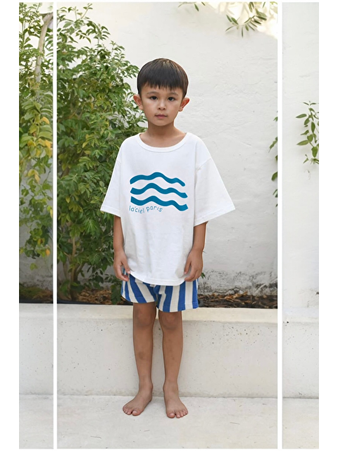 Magu Erkek Çocuk Pamuklu Beyaz La'ciel Paris Baskılı Takım - Dalga Desenli Mavi Çizgili Şort - S000383283-17234