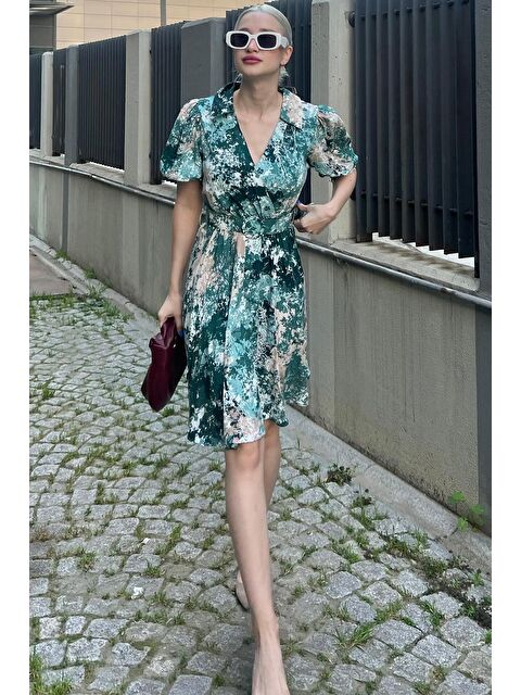 Madmext Yeşil Desenli Kruvaze Yaka Kemerli Mini Elbise Mg2073 - S000197675-18194