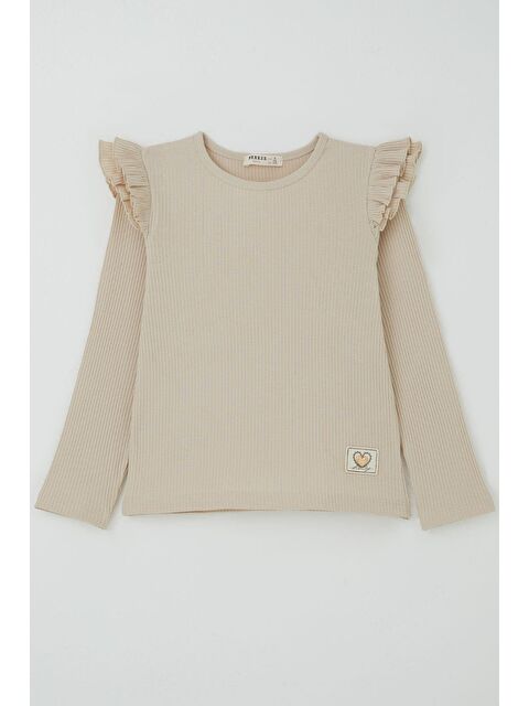 Breeze Kız Çocuk Uzun Kollu Tişört Kalp Arma Detaylı Omzu Fırfırlı Bej (5-10 Yaş) - S000526866-19928