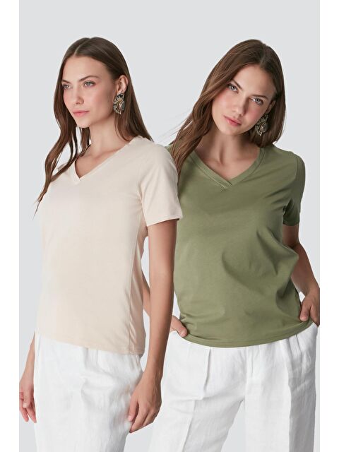 C&City V Yaka Kısa Kol 2'li Basic T-Shirt 962 Haki/Bej - S000216736-18547