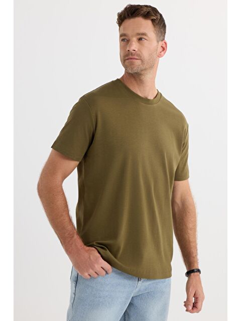 TUDORS Unisex Relax Fit Rahat Kesim %100 Pamuk Yumuşak Dokulu Hafif Kalın Haki Bisiklet Yaka Tişört - S000519469-18547