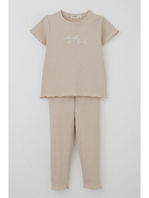 Breeze Kız Çocuk Taytlı Takım Simli Yazı Baskılı Bej (1.5-5 Yaş) - S000392879-19928