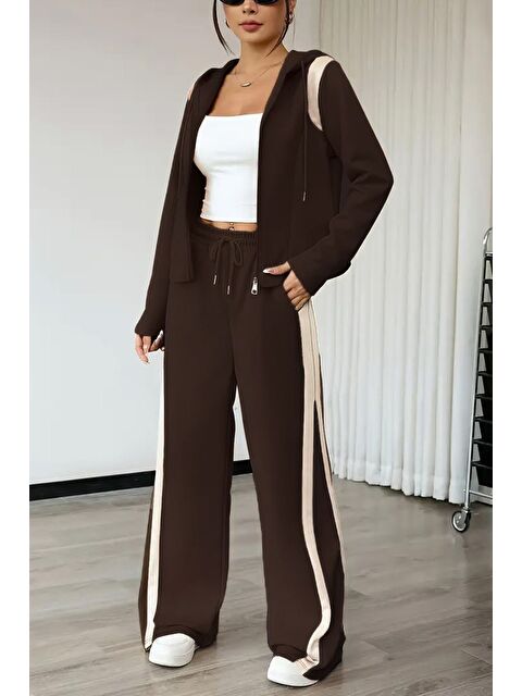 Gülseli Kadın Şerit Detaylı Kapüşonlu Sweat Bel Lastikli Palazzo Pantolon İkili Takım - S000470245-19413