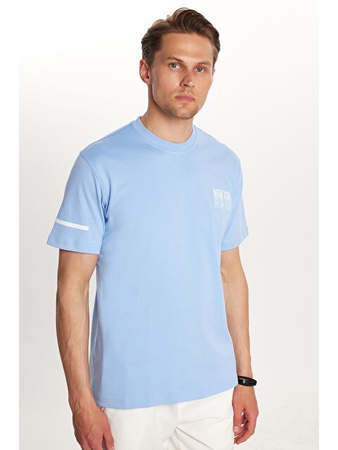 TUDORS Erkek Slim Fit Dar Kesim Pamuklu Düz Basic Baskılı Bisiklet Yaka Mavi Tişört - S000519476-17234