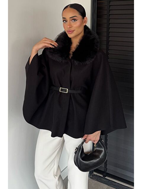 Gülseli Yaka Kürk Detaylı Kemerli Kadın Panço - S000469750-19351