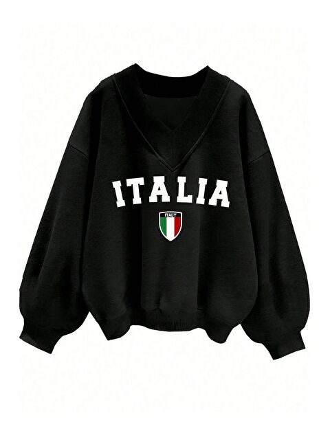 Trendseninle Kadın 3 Iplik Siyah İtalia Baskılı V Yaka Oversize Sweatshirt - S000301666-19351