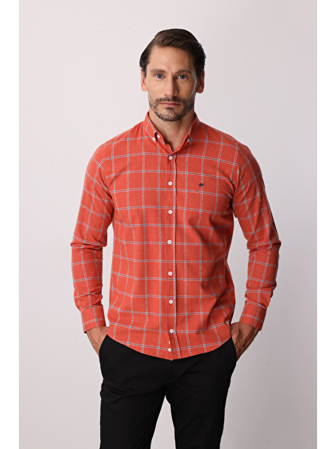 igs Turuncu Dynamic Fit Düğmeli Yaka Ekose Uzun Kollu Pamuklu Gömlek