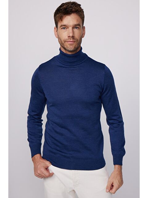 TUDORS Erkek Slim Fit Tam Boğazlı Yaka Düz Yün Sax Mavi Triko Kazak