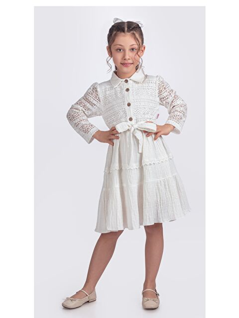 Pina Kids Kız Çocuk Uzun Kollu Gupürlü Kuşaklı Düğmeli Elbise ELB.2699Y - S000374491-20063