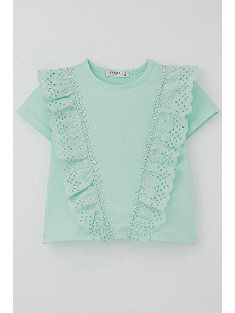 Breeze Kız Çocuk Tişört Güpürlü Çiçekleri Nakışlı Su Yeşili (1.5-5 Yaş) - S000392881-20054