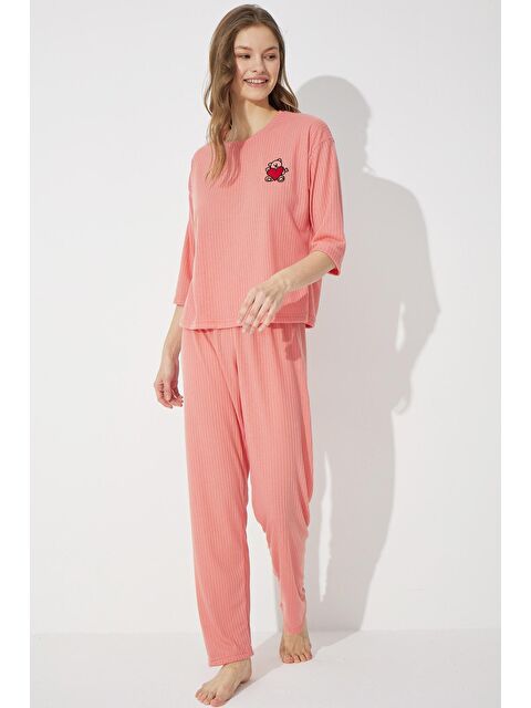 Siyah İnci Somon Soft Touch İnce Örme Nakışlı Pijama Takım - S000215750-24085