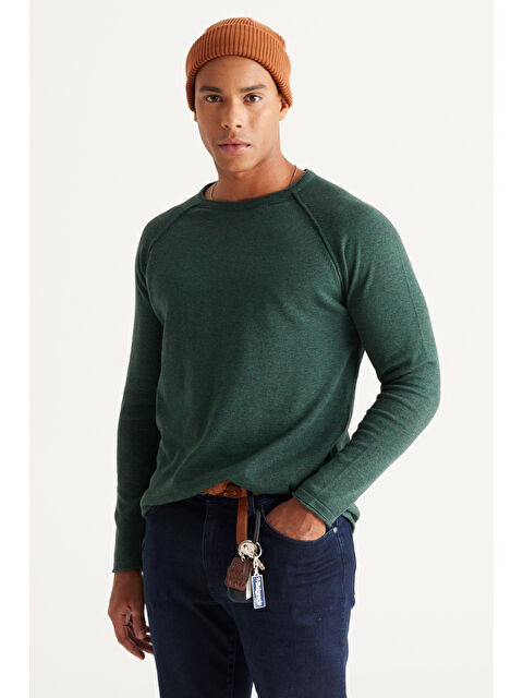 AC&Co / Altınyıldız Classics Erkek Yeşil Recycle Standart Fit Normal Kesim Bisiklet Yaka Pamuklu Muline Desenli Triko Kazak - S000394590-18194