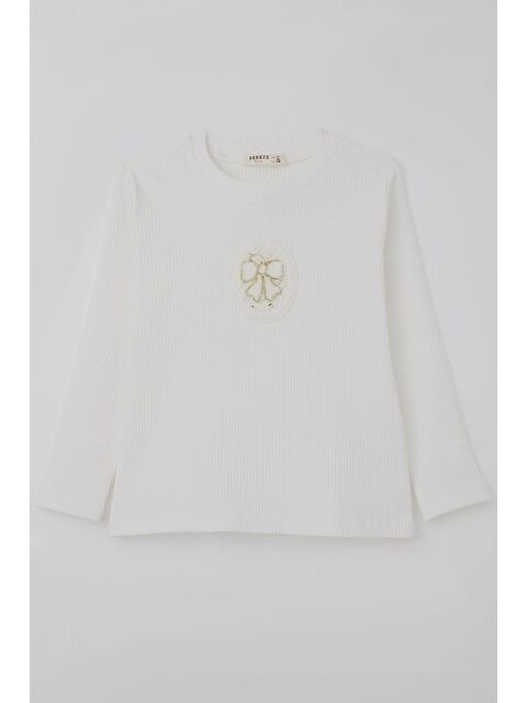 Breeze Kız Çocuk Uzun Kollu Tişört Vintage Dantel Fiyonk Aplikeli Beyaz (5-10 Yaş) - S000526862-20063