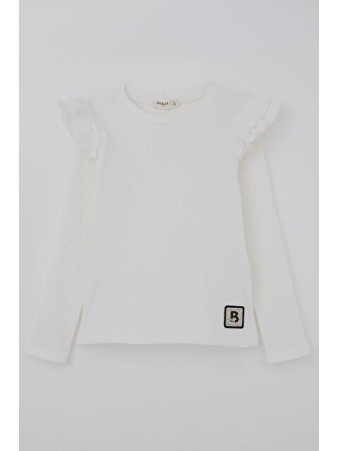 Breeze Kız Çocuk Uzun Kollu Tişört Arma Detaylı Omuzu Fırfırlı Ekru (5-10 Yaş) - S000526874-19965