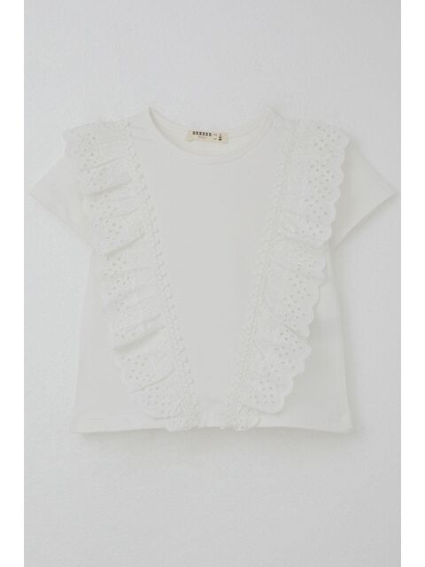 Breeze Kız Çocuk Tişört Güpürlü Çiçekleri Nakışlı Beyaz (1.5-5 Yaş) - S000392881-20063