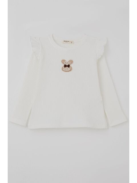 Breeze Kız Çocuk Uzun Kollu Tişört Tavşan Aplike Arma Detaylı Ekru (2-6 Yaş) - S000526875-19965