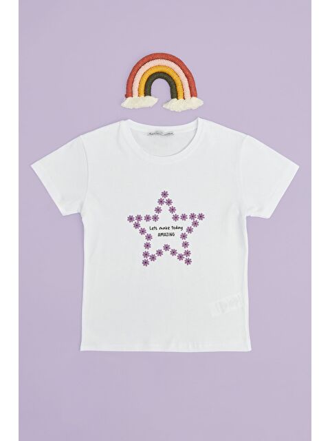 Fullamoda Çiçekli Yıldız Baskılı Kız Çocuk Tişört