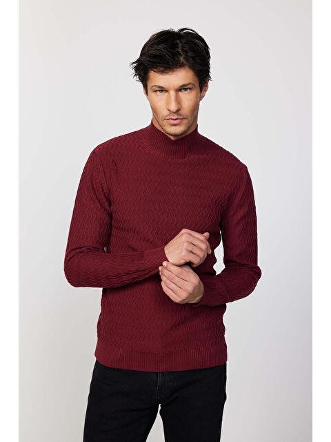 TUDORS Slim Fit Dar Kesim Yarım Balıkçı Yaka Desenli Tüylenmeyen Bordo Erkek Triko Kazak