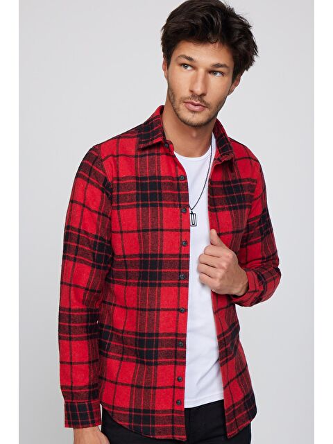 TUDORS Erkek Slim Fit Dar Kesim Uzun Kollu Kareli Kışlık Oduncu Gömlek