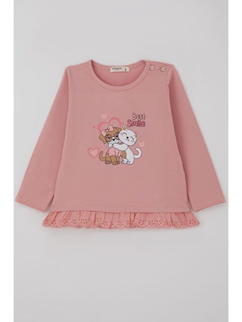 Breeze Kız Çocuk Uzun Kollu Tişört Sevimli Dostlar Güpürlü Gülkurusu (1-4 Yaş) - S000526865-20028