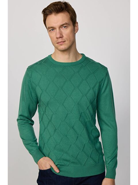 TUDORS Slim Fit Bisiklet Yaka Desenli Yeşil Erkek Triko Kazak