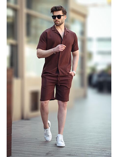 Madmext Kahverengi Erkek Gömlek Şort %100 Pamuk Takımı 5956 - S000185547-19413