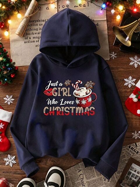 Trendseninle Laci Christmas Baskılı Oversize Kapüşonlu Sweatshirt Uzun Kollu Yılbaşı Temalı Hoodie - S000491769-21164