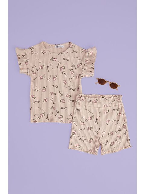 Fullamoda Fitilli Çiçek Desenli Fırfırlı Kız Çocuk Şortlu 2 Li Takım