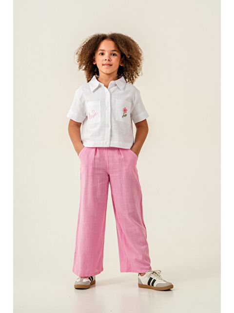 Magu Kız Çocuk Keten Beyaz Nakış Detaylı Gömlek Ve Pembe Pantolon Takımı   Ve Rahat - S000383312-20024