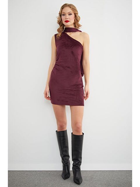 Fullamoda Tek Omuz Bağlama Detaylı Drapeli Kadife Mini Elbise - S000487658-19951