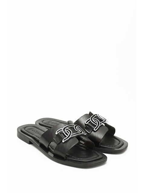 GÖNDERİ(R) Kadın ZÜMRÜT-SİYAH Tokalı Hakiki Deri Terlik