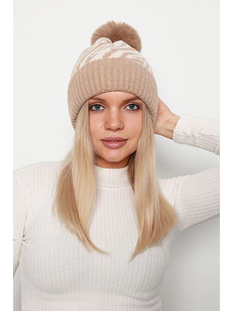 Luminos Butik Camel Zebra Desenli İthal İçi Yünlü Bere BERE1138 - S000273666-4557